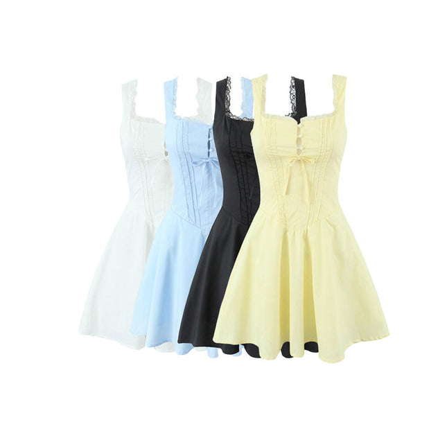 4 Colorway Solid Color Front Lace Shoulder Strap Casual Fashion Summer Mini Dress for Ladies