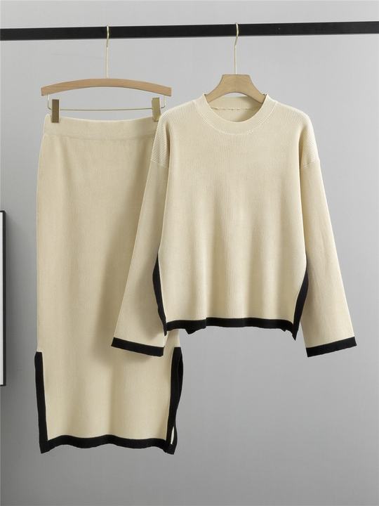 Knitted Suit for Women's Autumn New Design Contrasting Color Round Neck Top+slit Skirt Temperament Two-piece Set