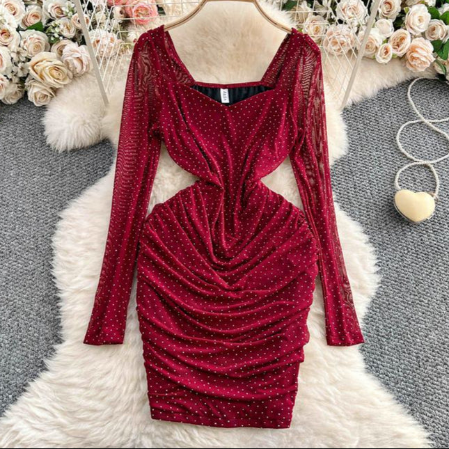 Francês Floral Praça Pescoço Vestido de Manga Longa Mulheres Verão Plissado Bainha Vestidos