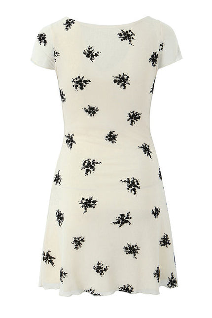 Square Collar Floral Print Beige Color Short Sleeve Casual Fashion Mini Summer Dress for Ladies