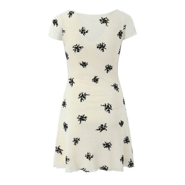 Square Collar Floral Print Beige Color Short Sleeve Casual Fashion Mini Summer Dress for Ladies