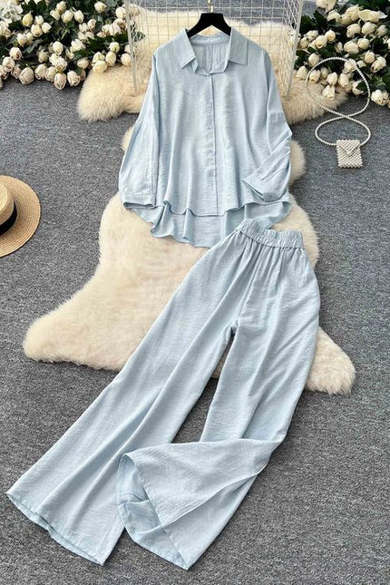 Casual Suit Women Loose Irregular Long Sleeve Shirt High-waisted Wide Leg Straight Pants Two Piece Set