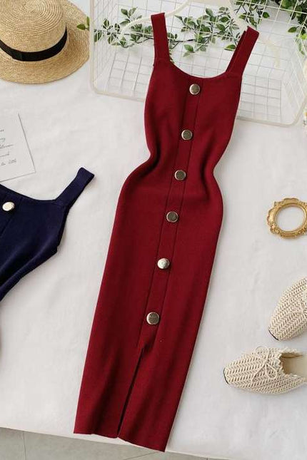 Summer Womens Fashion Dress Vent Button Sleeveless Halter Square Collar Knit Dress
