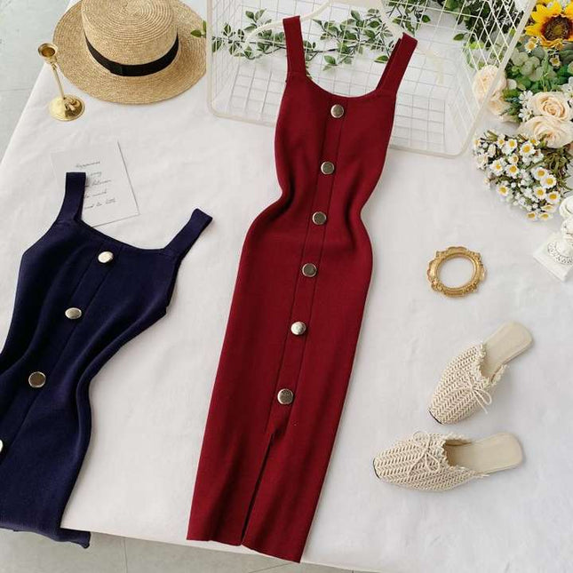 Summer Womens Fashion Dress Vent Button Sleeveless Halter Square Collar Knit Dress