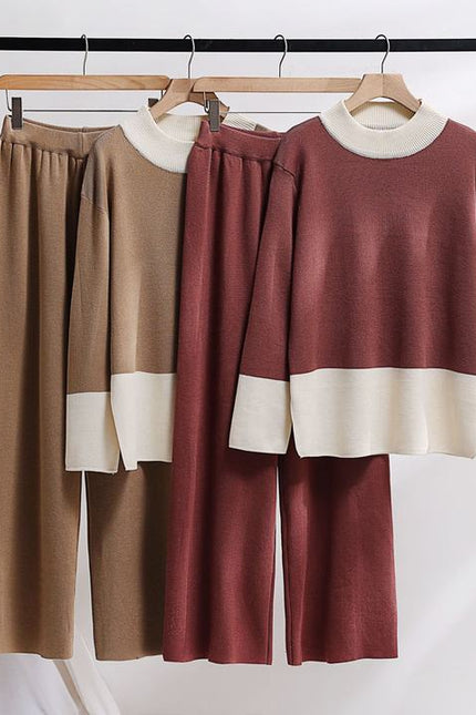 Women Autumn Wear New Korean Version of Loose Thick Fashion Knitting Wide-Leg Pants Sweater Two-Piece Set
