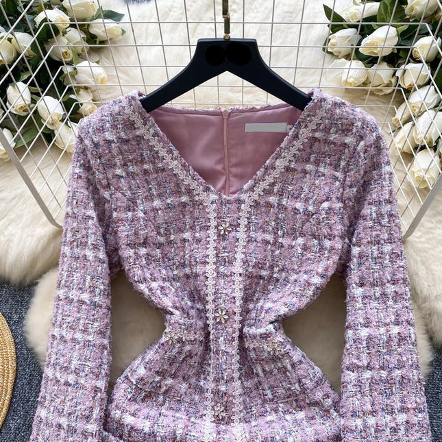 New Arrivals French Tweed Dress Women V-Neck Splicing Slim Short Mini Dresses for Ladies