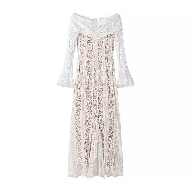 Slash Neck White Color Long Sleeve Floral Lace Casual Fashion Maxi Dress for Women