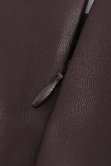 Crew Neck Front Pleated Brown Color Zipper Fly Sleeveless Casual Fashion PU Leather Maxi Dress for Women