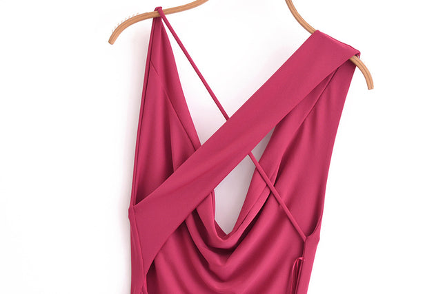 Rose Color Drop Collar Sleeveless Back Hollow Out Casual Fashion Summer Long Dress for Women