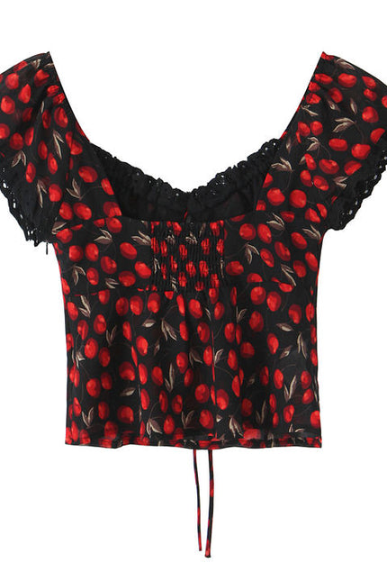 Fruit Print Black Red Color Front Lace up Casual Fashion Women's Crop Top