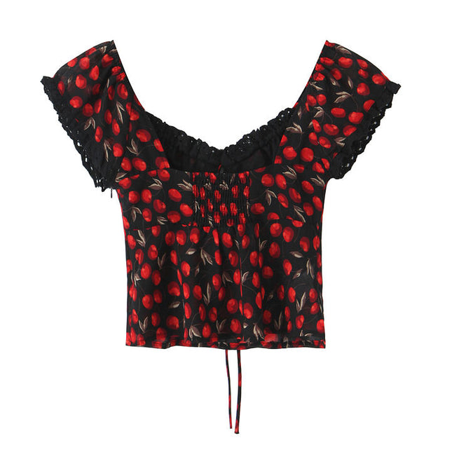 Fruit Print Black Red Color Front Lace up Casual Fashion Women's Crop Top