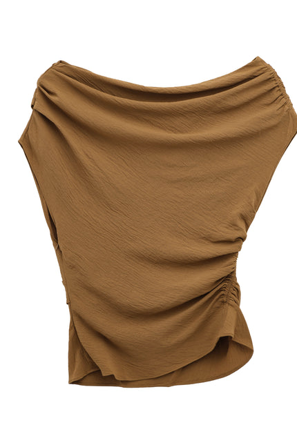 2 Colorway Asymmetrical Design Pleated Solid Color Crew Neck Casual Fashion Tops Blouse for Women