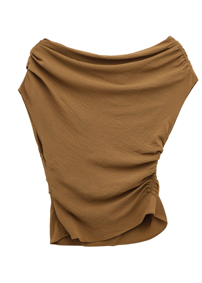 2 Colorway Asymmetrical Design Pleated Solid Color Crew Neck Casual Fashion Tops Blouse for Women
