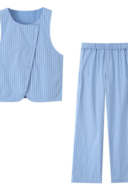 Crew Neck Striped Print Blue Color Buttons up Casual Fashion Vest Waistcoat for Women