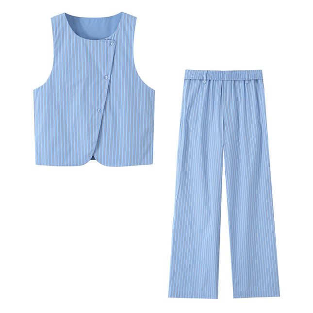 Crew Neck Striped Print Blue Color Buttons up Casual Fashion Vest Waistcoat for Women