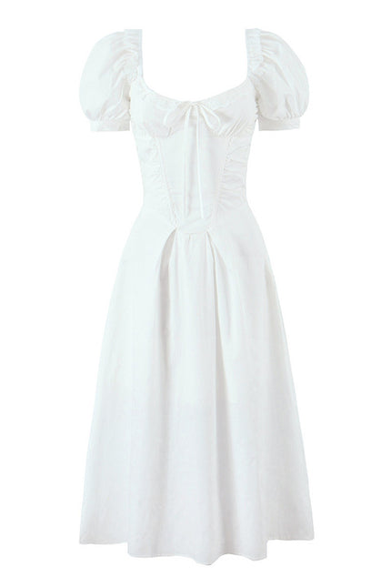 Square Collar Short Sleeve White Color Hot Sale Casual Fashion Summer Cotton Long Dress for Women