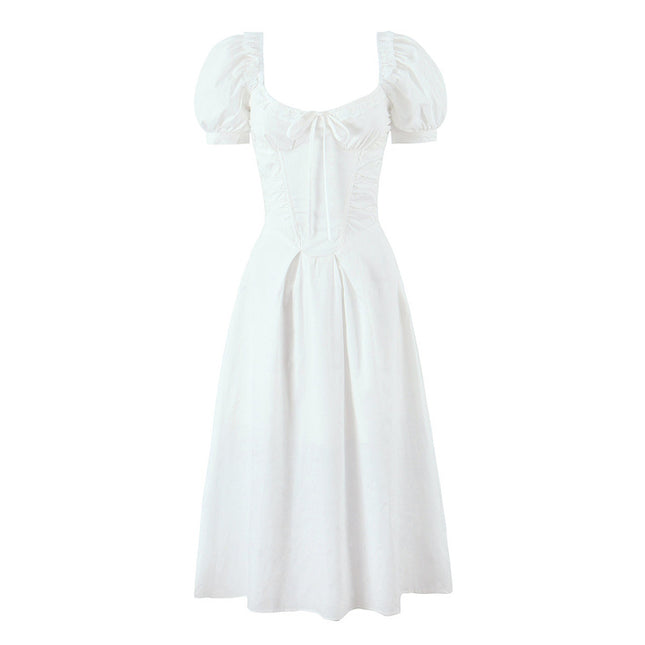 Square Collar Short Sleeve White Color Hot Sale Casual Fashion Summer Cotton Long Dress for Women