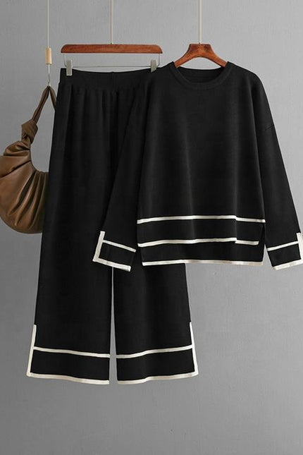 Women's Knitting Two-piece Suit Round Neck Long-sleeved Split Top+long-pants Sweater Two-piece Sets