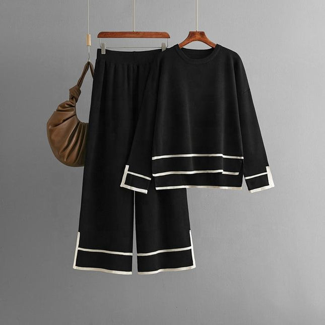 Women's Knitting Two-piece Suit Round Neck Long-sleeved Split Top+long-pants Sweater Two-piece Sets