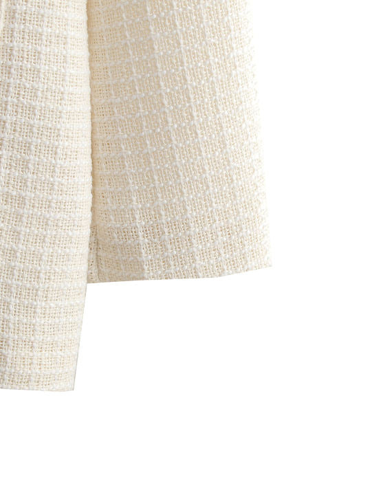 2023 Design Beige Color Crew Neck Single Breasted Front Pockets Long Sleeve Casual Tweed Jacket for Women