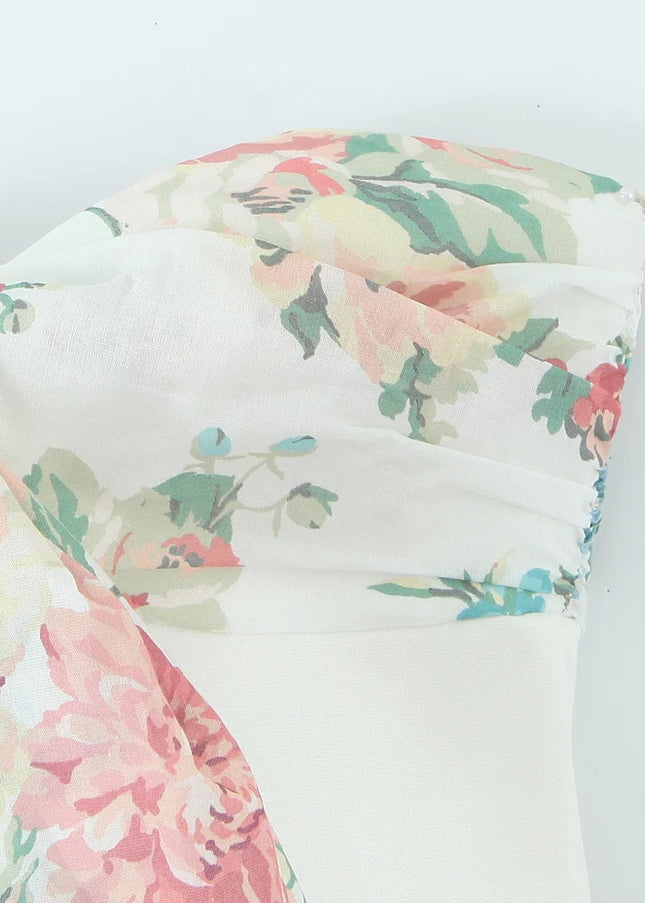 Strapless White Color Front Bow Tie Floral Print Casual Fashion Summer Mini Dress for Women