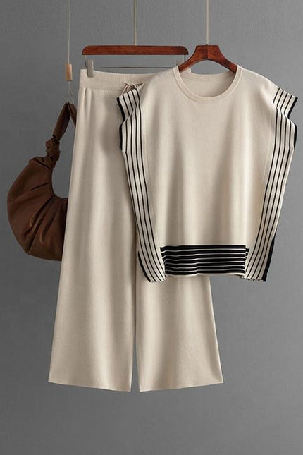 Fashion Suit Women's Striped Splicing Crew-neck Loose Knit Two-piece Set of High-waisted Straight Leg Wide-leg Pants