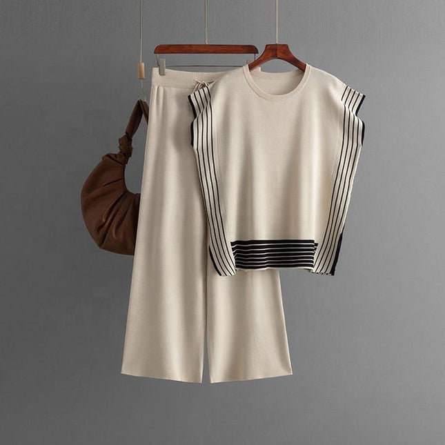 Fashion Suit Women's Striped Splicing Crew-neck Loose Knit Two-piece Set of High-waisted Straight Leg Wide-leg Pants