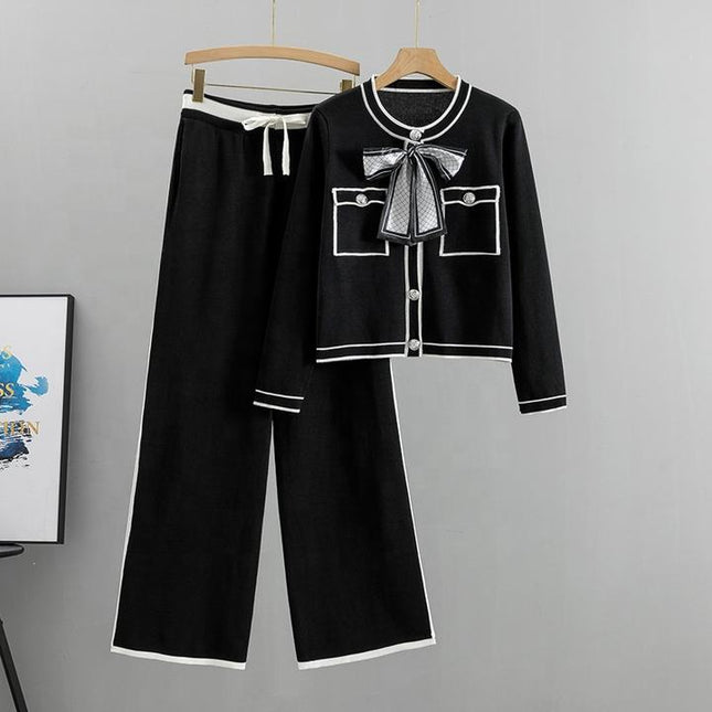 Fashion Professional Suit Women's Autumn Age-reducing Temperament Knitted Western Wide-leg Pants Two-piece Set