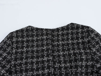 Square Collar Long Sleeve Plaid Pattern Buttons up Casual Fashion Tweed Long Dress for Women