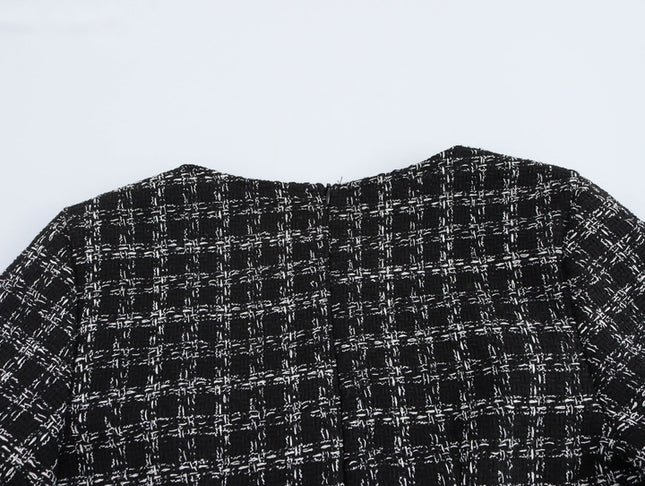 Square Collar Long Sleeve Plaid Pattern Buttons up Casual Fashion Tweed Long Dress for Women