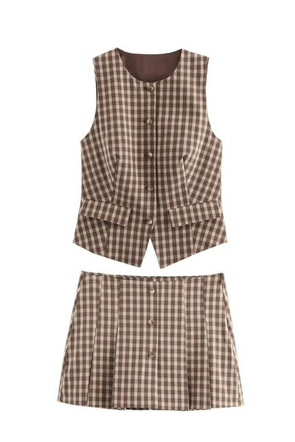 Crew Neck Plaid Print Brown Color Buttons up Casual Fashion Vest Waistcoat for Women