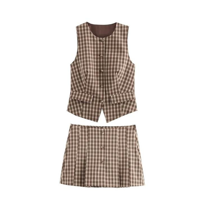 Crew Neck Plaid Print Brown Color Buttons up Casual Fashion Vest Waistcoat for Women