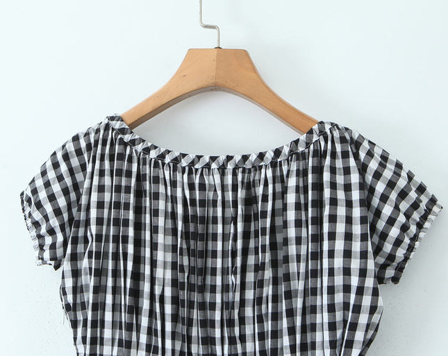Crew Neck Short Sleeve Black White Color Plaid Print Hot Sale Casual Fashion Mini Dress for Women