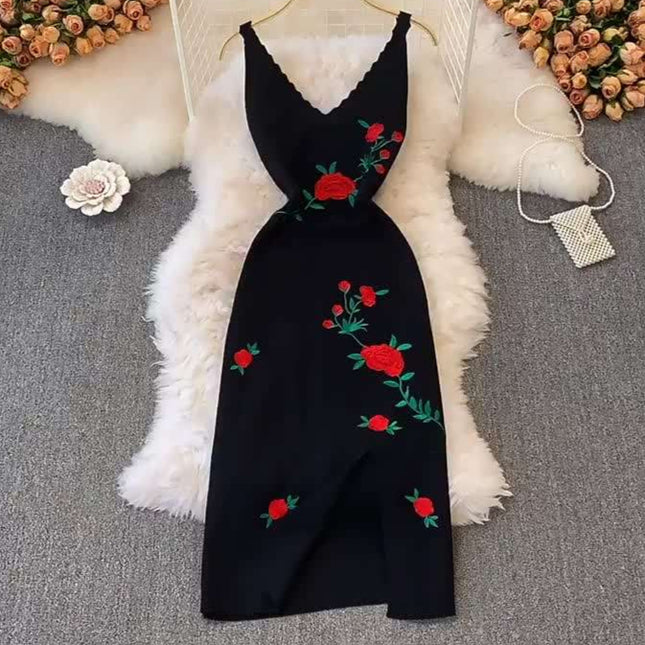 New Rose Embroidered Black Skinny Knitted Strap Split Dress for Women