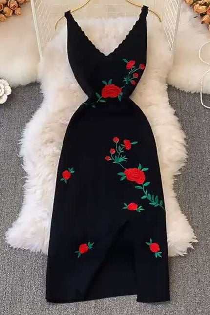 New Rose Embroidered Black Skinny Knitted Strap Split Dress for Women