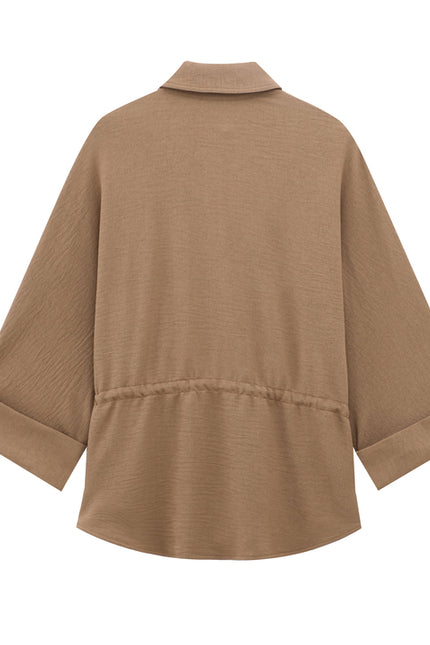 Turn Down Collar Khaki Color Long Sleeve Buttons up Casual Fashion Tops Blouse for Women