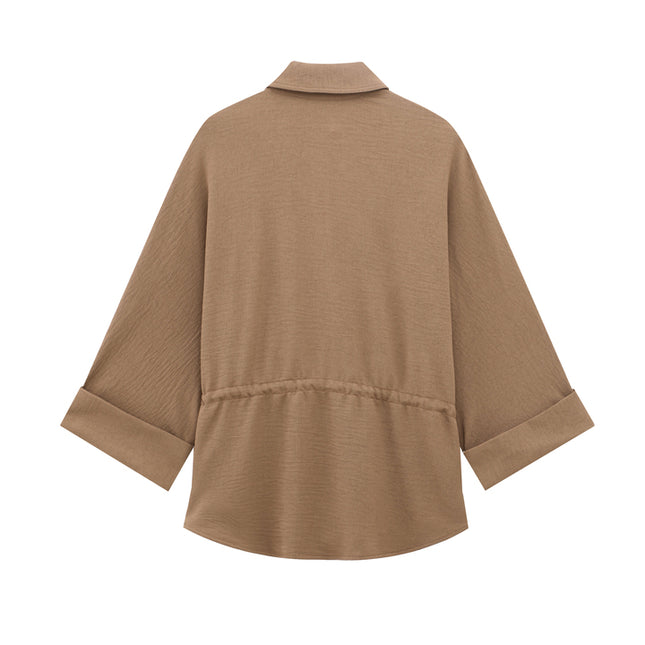 Turn Down Collar Khaki Color Long Sleeve Buttons up Casual Fashion Tops Blouse for Women