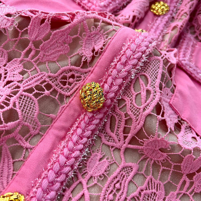 2025 Spring Summer Dress High Quality Women Allover Crochet Lace Embroidery Beading Button Bodycon Dress