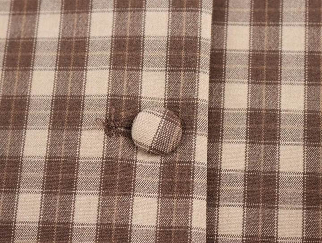Crew Neck Plaid Print Brown Color Buttons up Casual Fashion Vest Waistcoat for Women