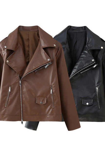 2 Colorway Notched Collar Long Sleeve Solid Color Zipper Fly Casual Fashion PU Leather Motorcycle Jacket for Women