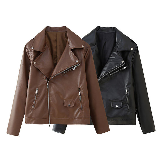 2 Colorway Notched Collar Long Sleeve Solid Color Zipper Fly Casual Fashion PU Leather Motorcycle Jacket for Women