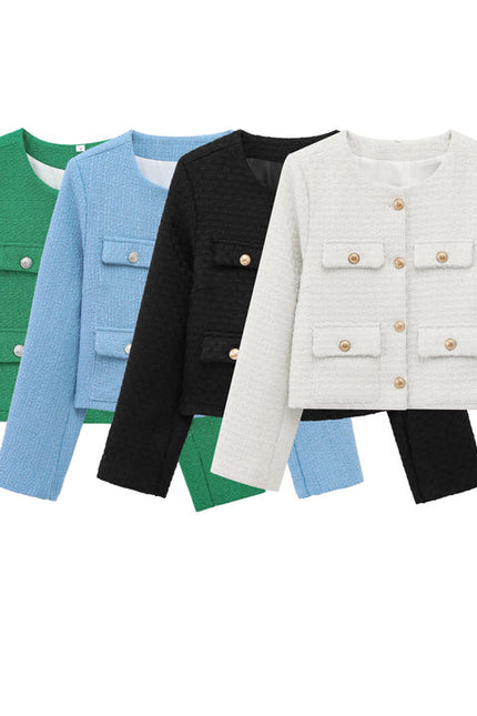 4 Colorway Crew Neck Solid Color Single Breasted Long Sleeve Casual Fashion Tweed Jacket for Women