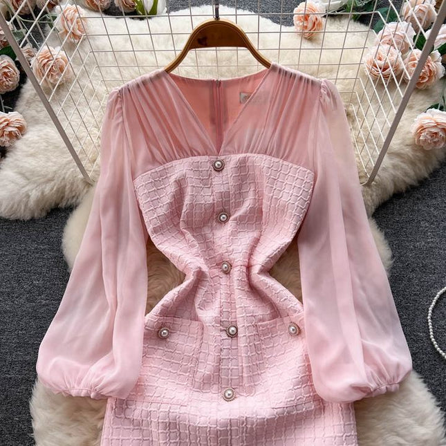 Mulher Mesh Splicing Split V-Neck Lanterna Manga Cintura Vestido