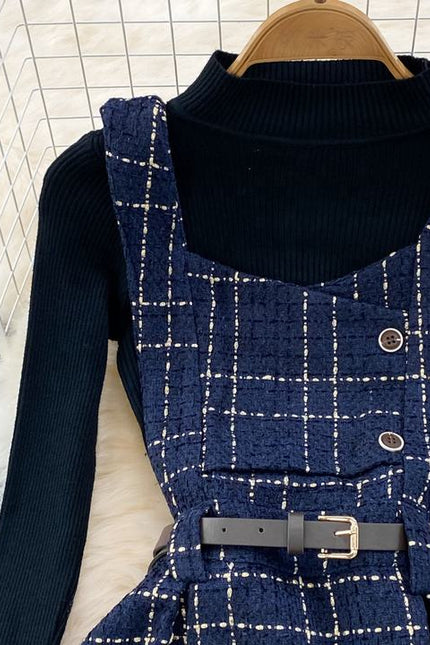 Fall Winter Vintage Style Stand Collar Bottom Sweater Two Piece Plaid Suspender Dress Waist A-Line Dress