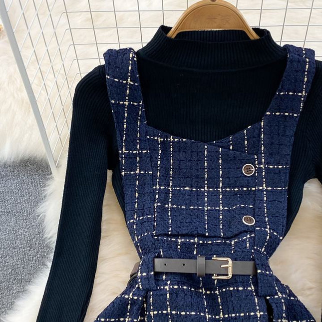 Fall Winter Vintage Style Stand Collar Bottom Sweater Two Piece Plaid Suspender Dress Waist A-Line Dress