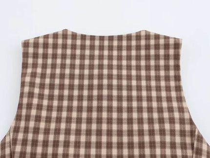 Crew Neck Plaid Print Brown Color Buttons up Casual Fashion Vest Waistcoat for Women