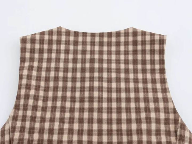 Crew Neck Plaid Print Brown Color Buttons up Casual Fashion Vest Waistcoat for Women