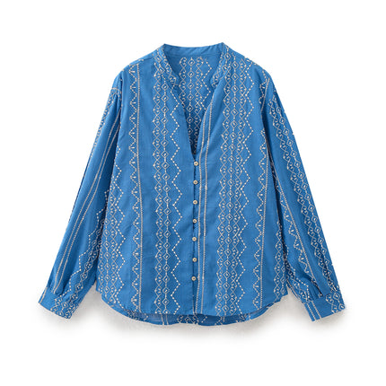 V Neck Blue Color Embroidery Buttons up Long Sleeve Casual Fashion Tops Blouse for Women