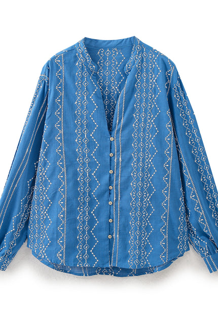 V Neck Blue Color Embroidery Buttons up Long Sleeve Casual Fashion Tops Blouse for Women