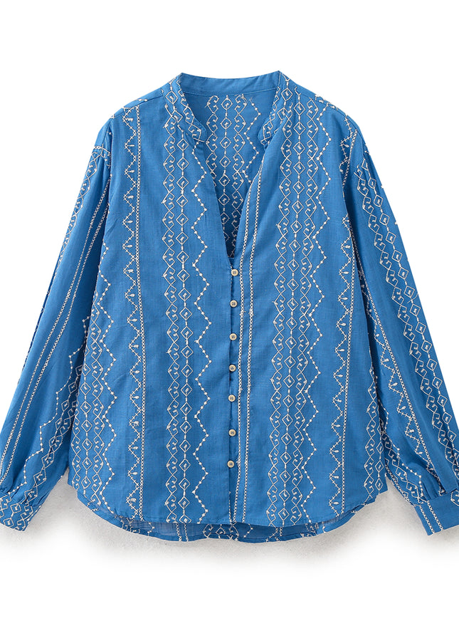 V Neck Blue Color Embroidery Buttons up Long Sleeve Casual Fashion Tops Blouse for Women